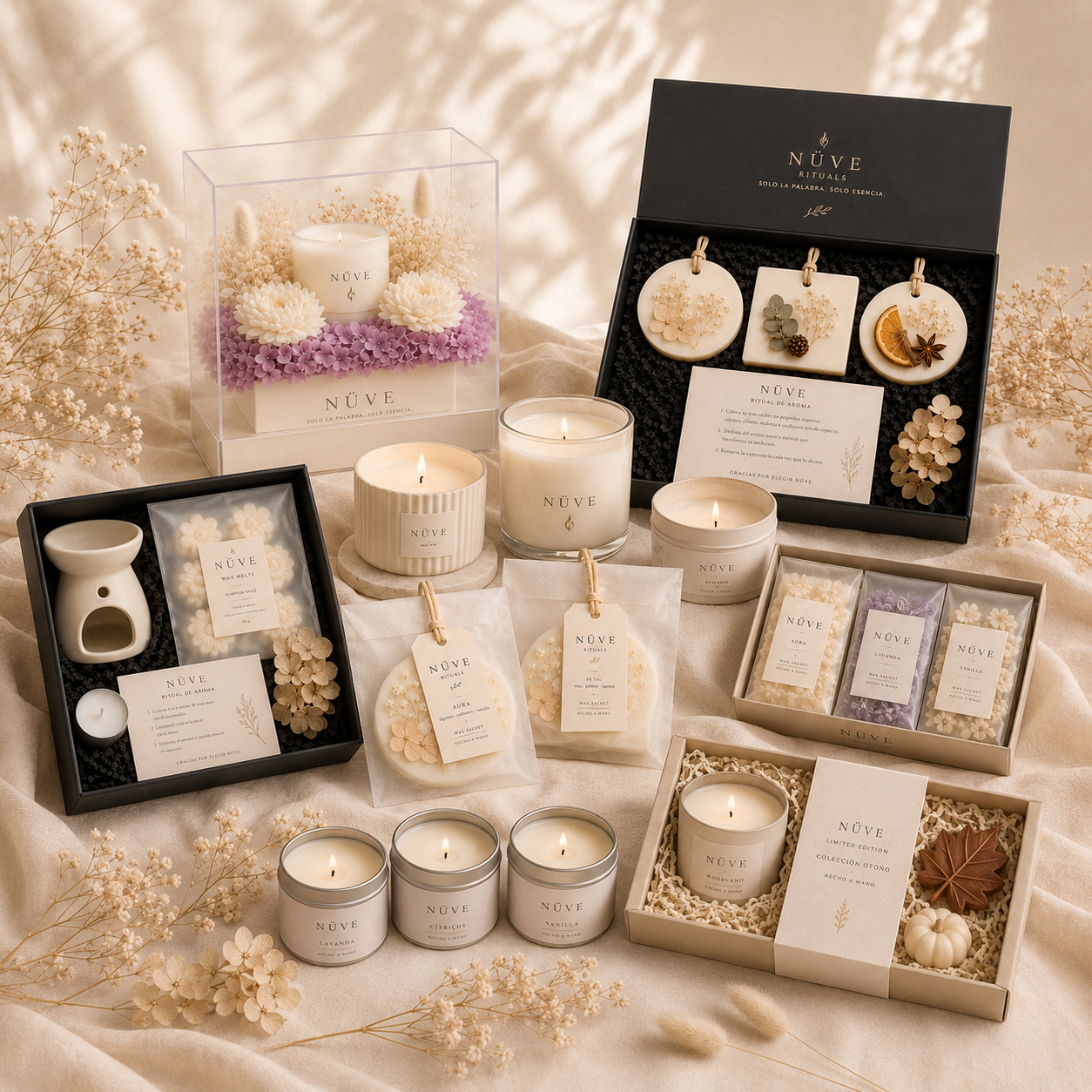 Arreglo Nüve de vela y flores en tonos crema y lavanda