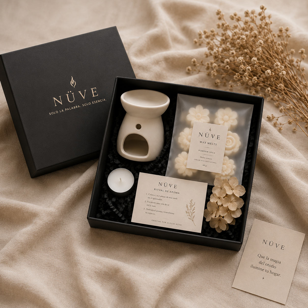 Kit Nüve con quemador, wax melts florales y vela de té